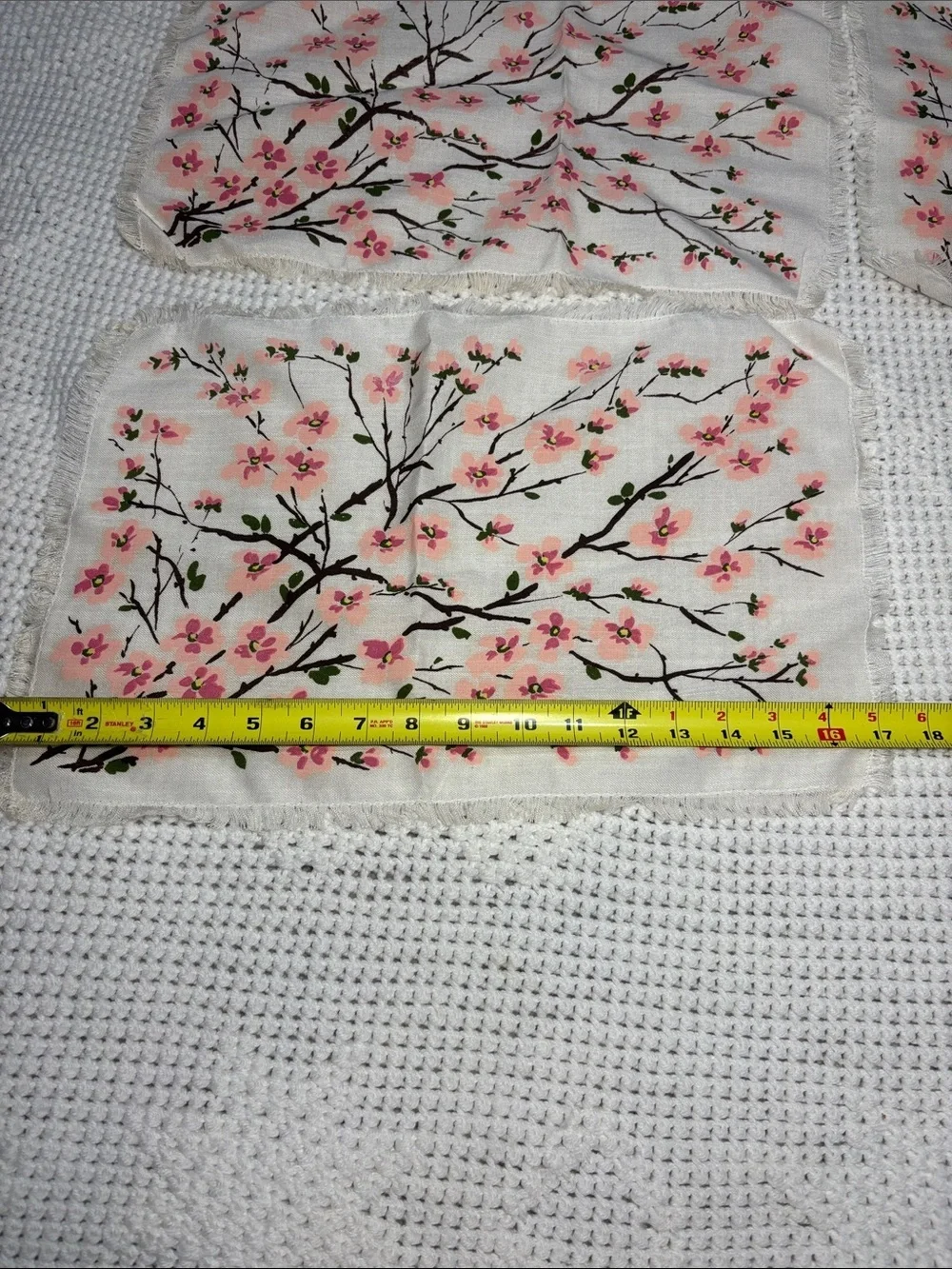 Vintage Hand Painted Cherry Blossom Placemats, Fringed Edged Linens, Set of 4